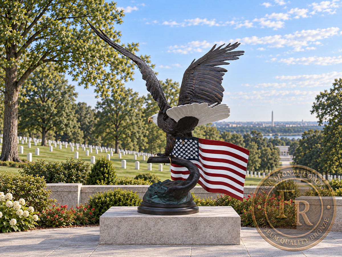 Rear three-quarter architectural concept of the eagle and American flag bronze sculpture on a cemetery garden pedestal.