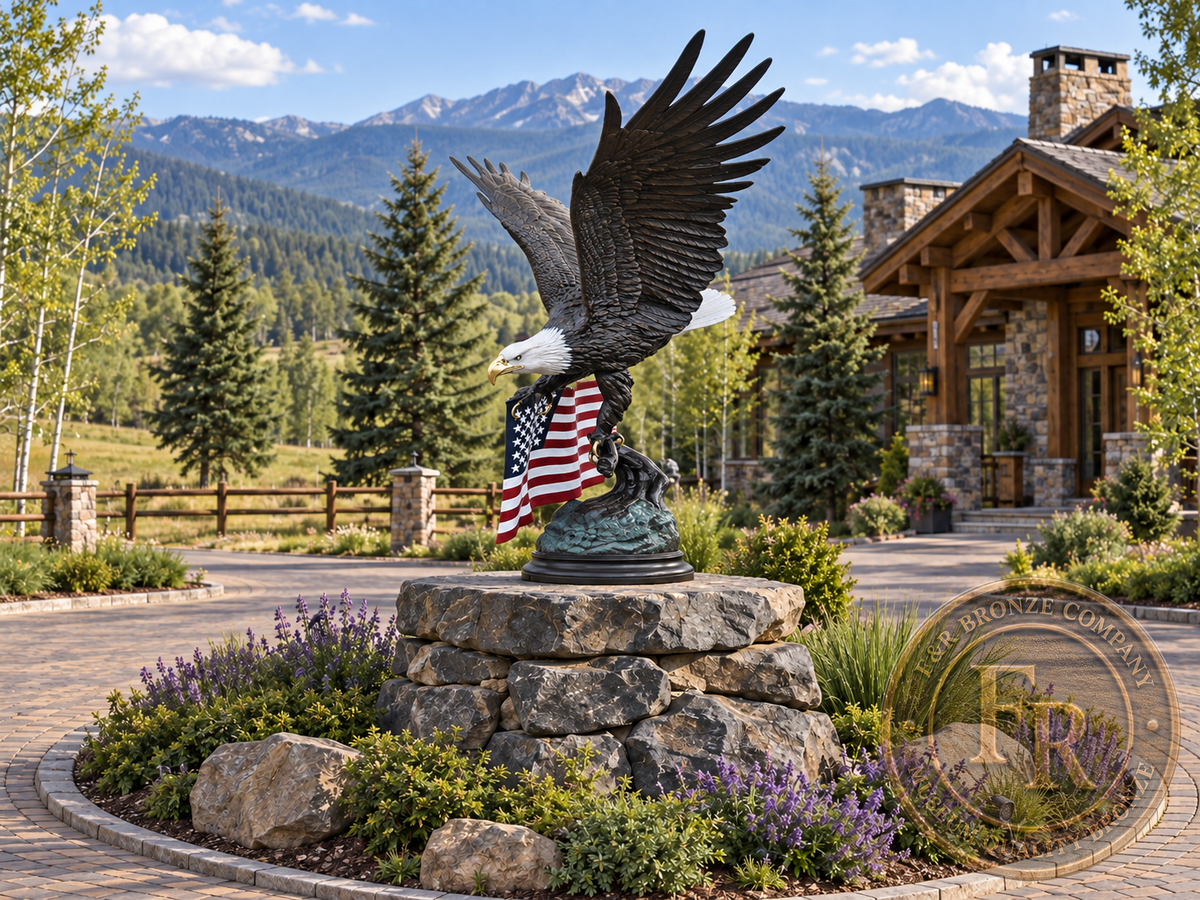 Side architectural concept of the monumental eagle bronze sculpture and American flag in a mountain ranch driveway roundabout.