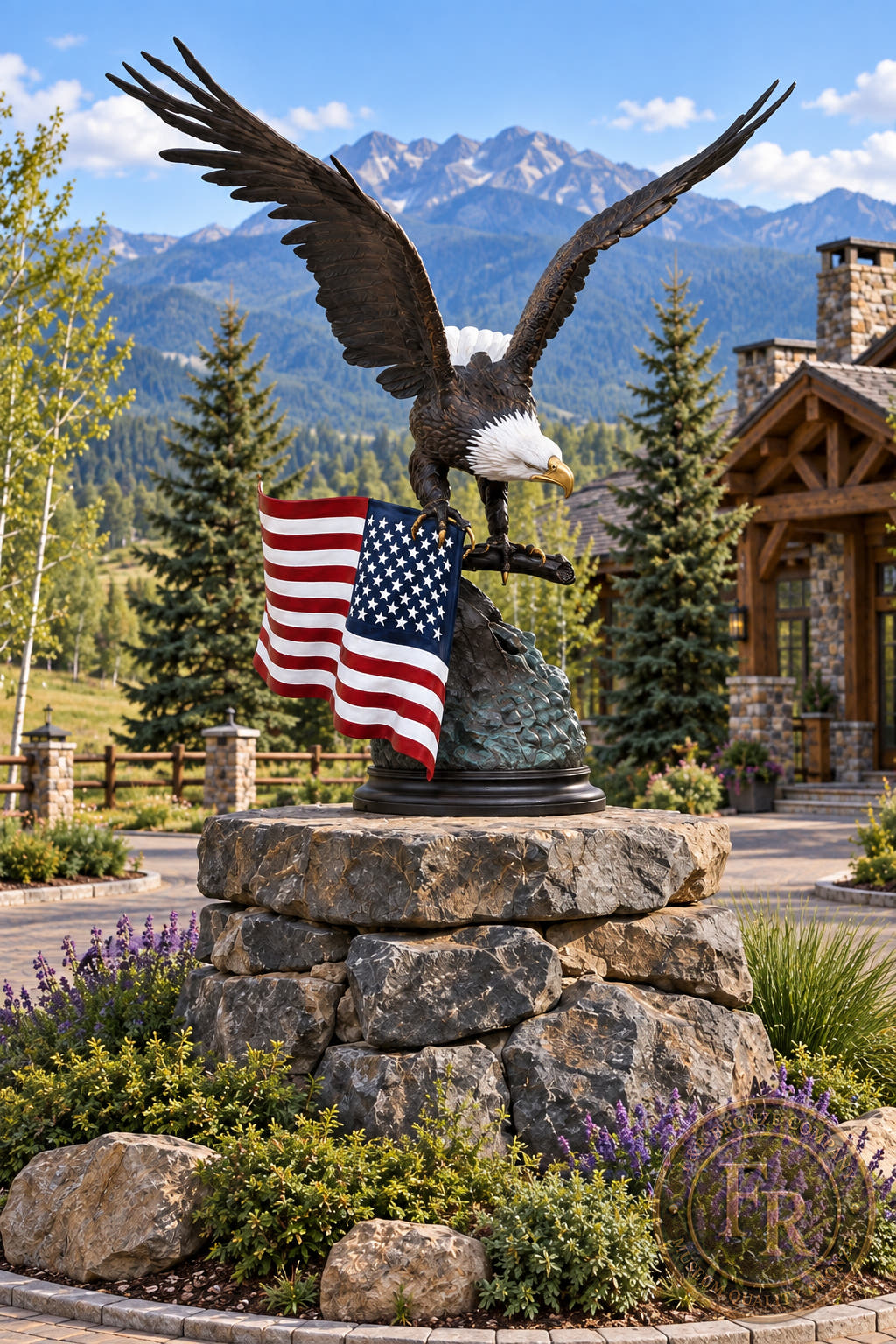 Monumental eagle with American flag bronze statue on a stone foundation in a mountain ranch roundabout architectural concept.