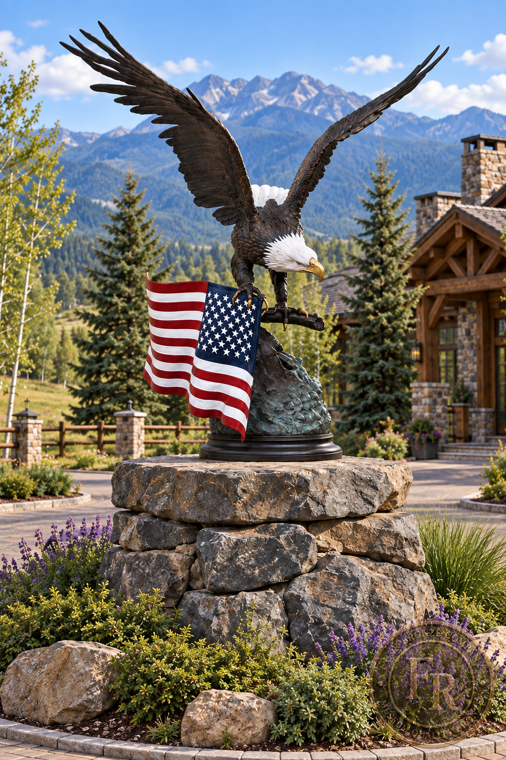 Monumental eagle with American flag bronze statue on a stone foundation in a mountain ranch roundabout architectural concept.