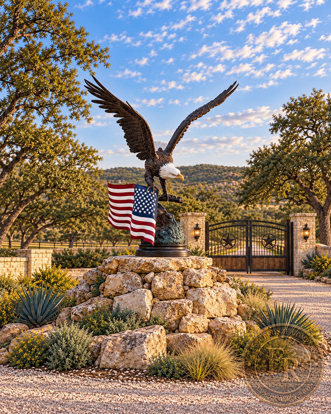 Tall architectural concept of the eagle with American flag bronze statue at a Texas ranch entrance with stone landscaping.