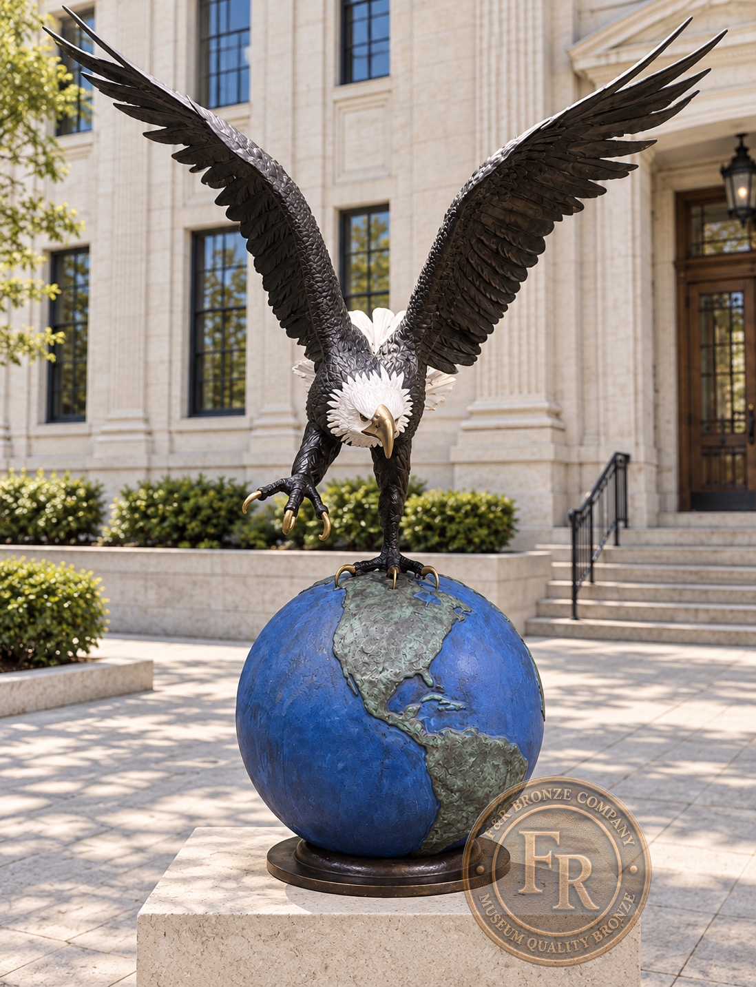 Architectural concept: alternate front view of the eagle on globe bronze sculpture with spread wings in a courthouse courtyard.
