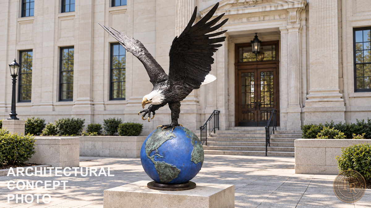 Architectural concept: wide view of the eagle on globe bronze sculpture on a limestone pedestal in a courthouse courtyard.