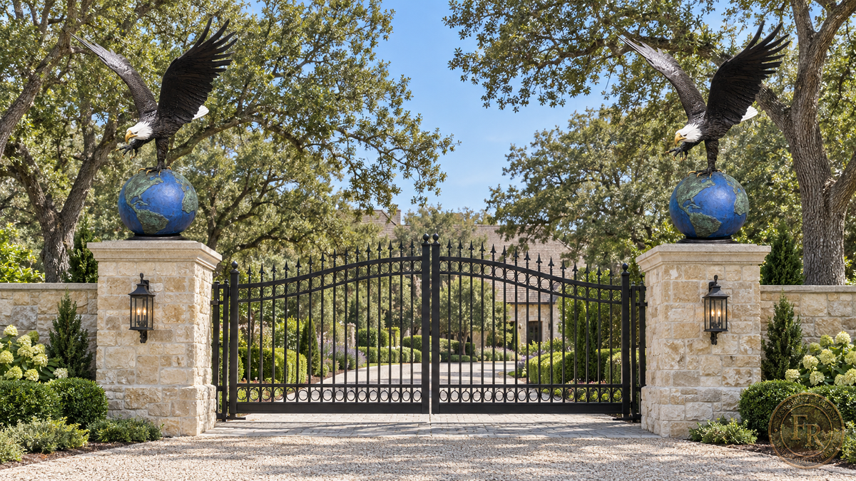 Architectural concept: two eagle on globe bronze sculptures on stone pillars at a private estate entrance.
