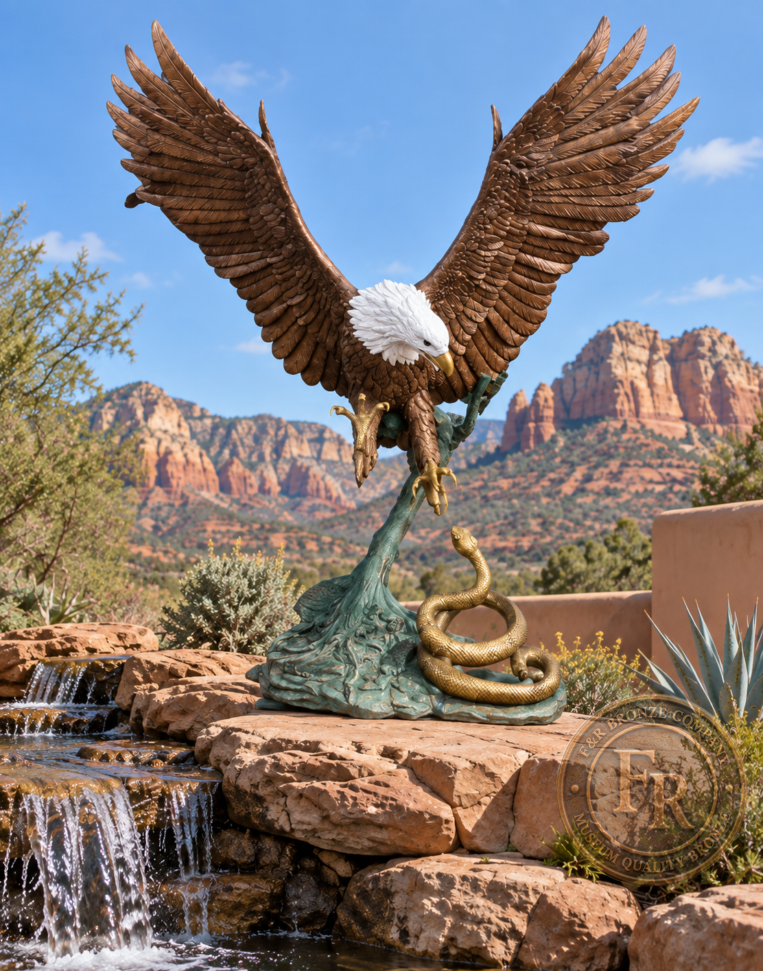 Front view of the eagle with rattlesnake bronze statue beside a rock waterfall, with raised wings against a desert mountain backdrop.