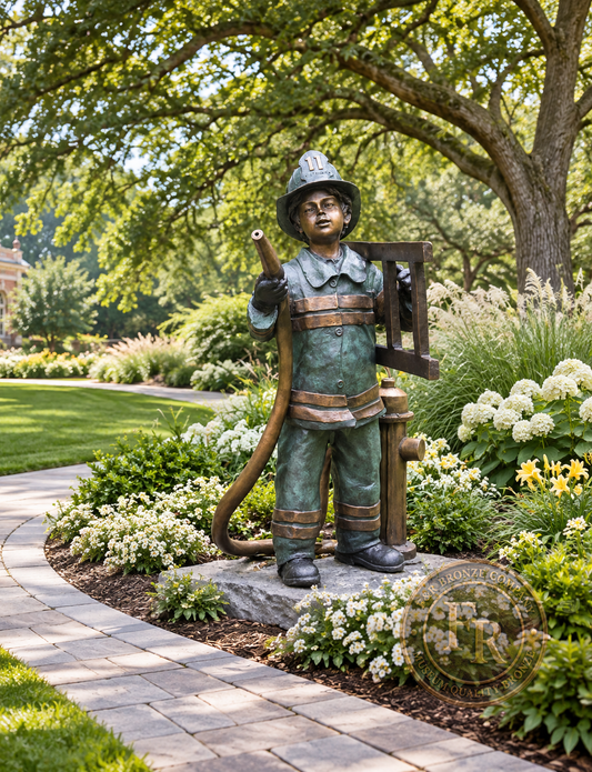 Front portrait view of the Life Size Firefighter Boy Fountain by Turner, showing the bronze boy with helmet, hose, ladder, hydrant and boots in an estate garden.