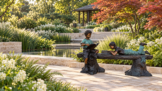 Monumental Reading Time bronze children reading on a log bench, shown in a conceptual terraced botanical garden.