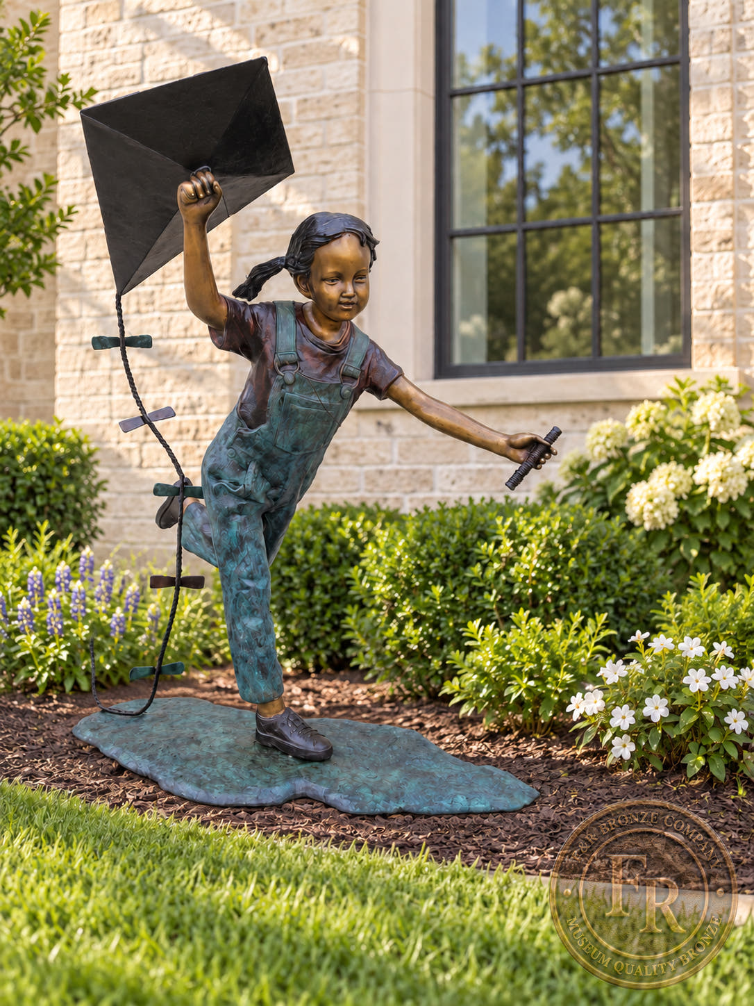 Front architectural concept of the children’s bronze statue, with the girl and raised kite above a flat garden base.