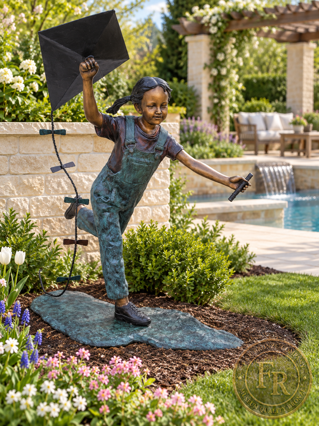 Girl Flying Kite children’s bronze sculpture in a poolside garden concept, with turquoise patina and the kite held overhead.