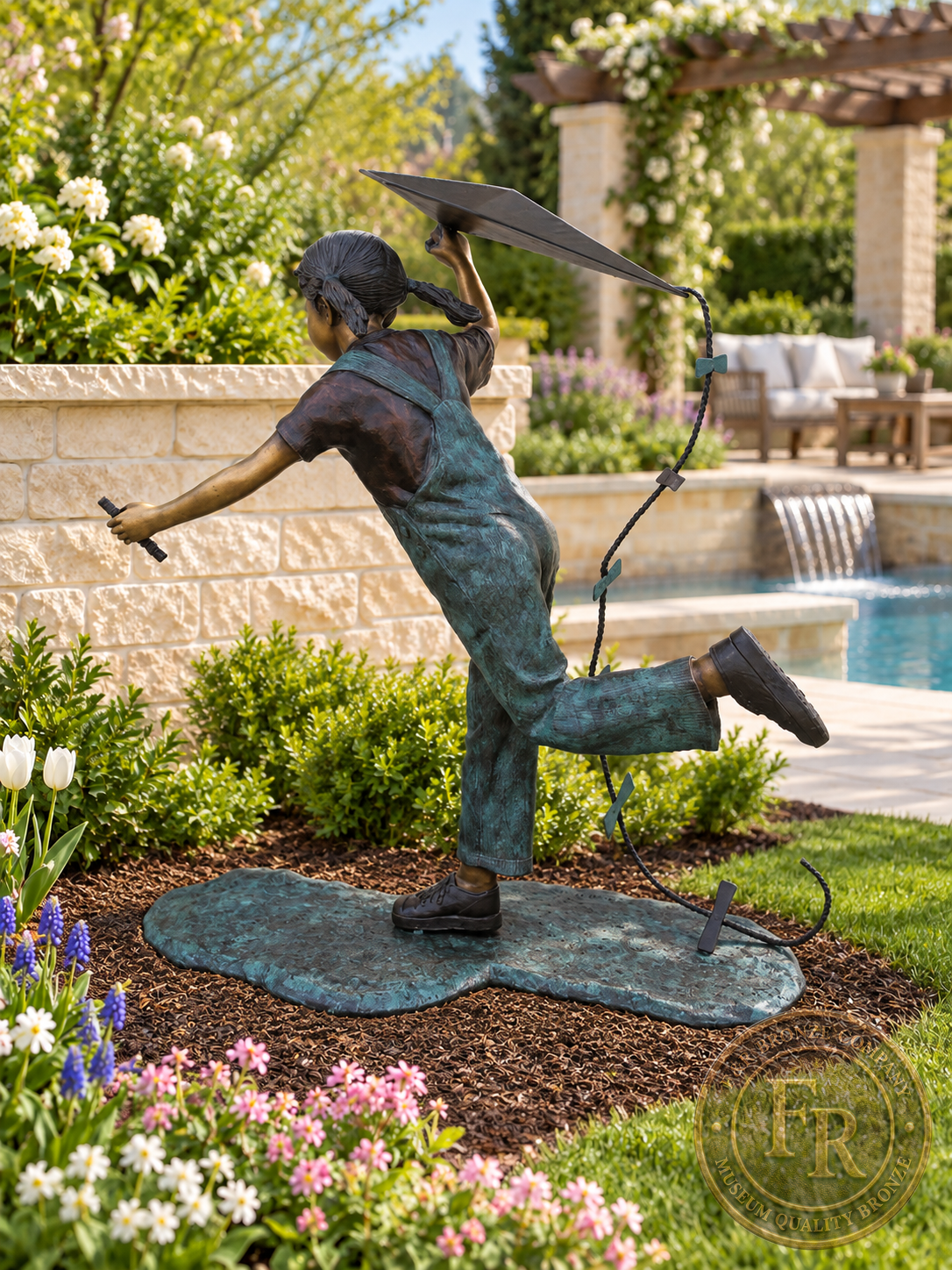Side architectural concept of the girl with a kite bronze sculpture beside a pool and patio, showing the running silhouette.