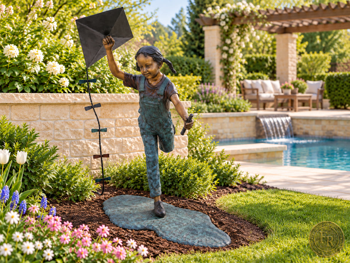 Wide poolside landscape concept with the Girl Flying Kite bronze sculpture near a pergola, lawn and water feature.