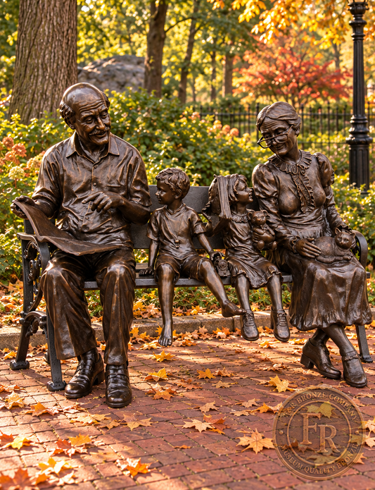 Grandparents and children bronze bench statue, tall front view in an architectural concept of an autumn park beside a brick path.