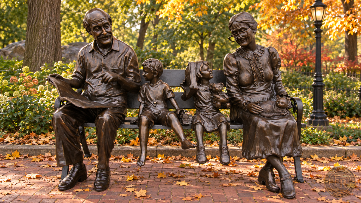 Front detail of grandparents with grandchildren on a bronze bench, showing the newspaper, teddy bear and cat in brown patina.