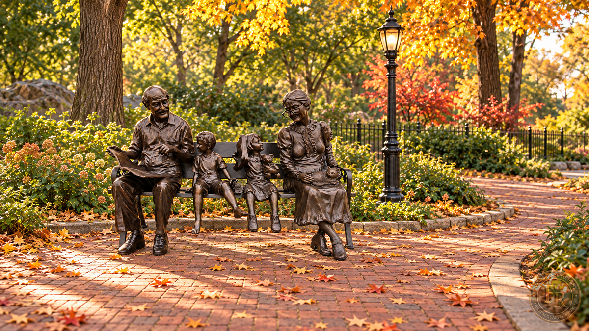 Family bronze bench sculpture in a wide autumn park concept, illustrating placement beside a landscaped public walking path.