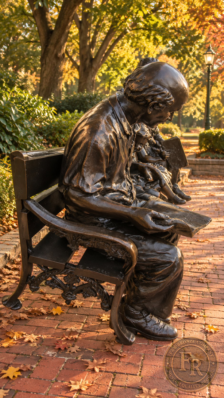 Grandfather side view of the family bronze bench sculpture, showing the seated figures in a landscaped park concept.