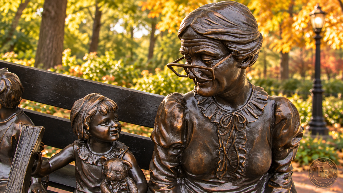 Grandmother and granddaughter detail of the family bronze sculpture, with a teddy bear and cat beside the children on the bench.
