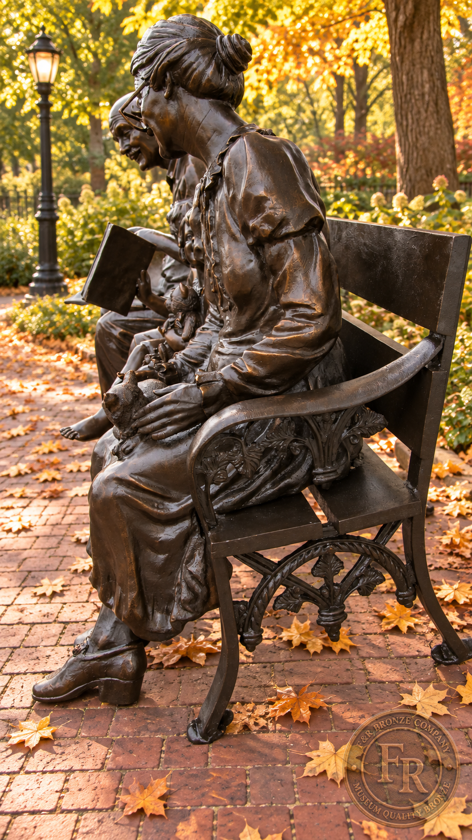 Grandmother side view of the grandparents and children bronze statue, with the decorative bench in an autumn park concept.
