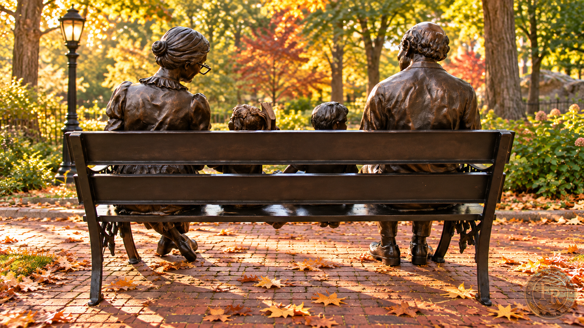 Rear view of grandparents and grandchildren on a bronze bench, showing the backs of the figures and bench in a park concept.