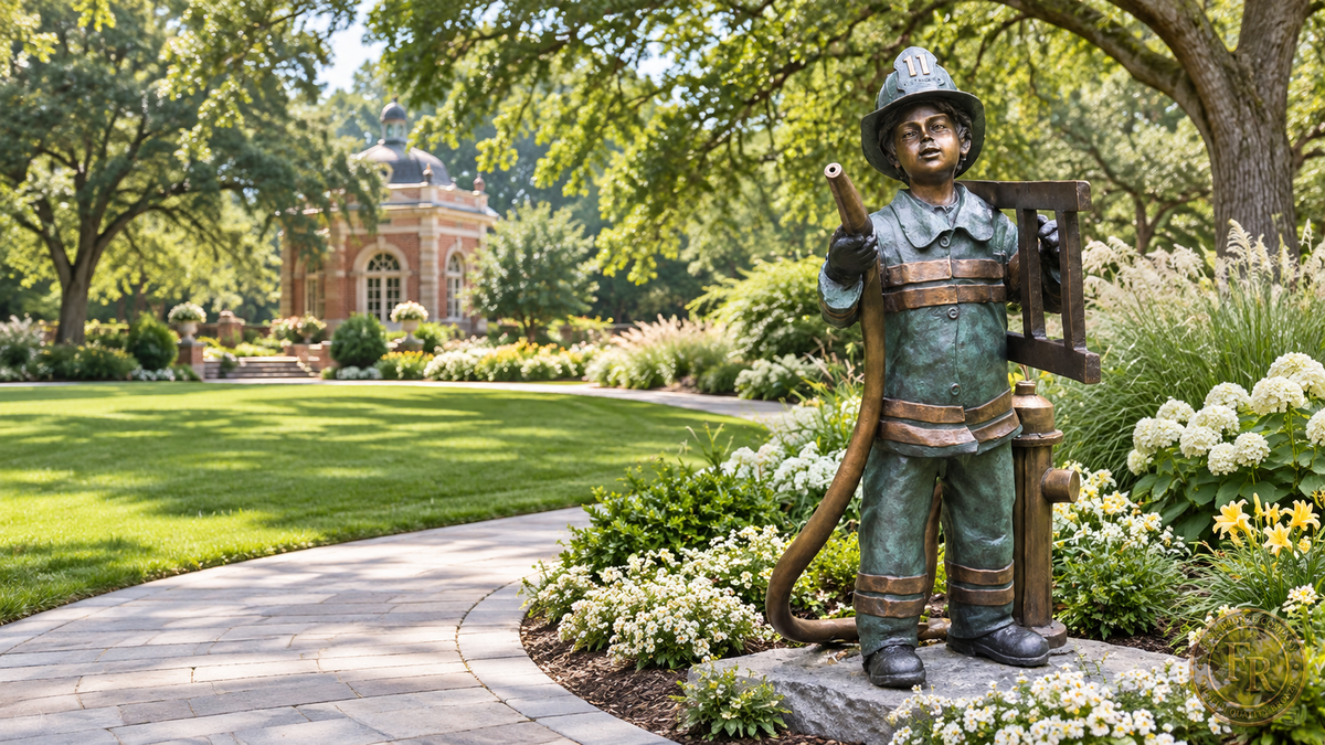Full garden view of Life Size Firefighter Boy Fountain by Turner bronze statue, showing the complete sculpture, hose, ladder and hydrant beside a landscaped stone path.