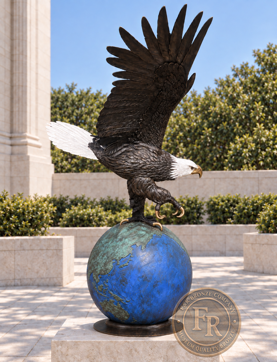 Architectural concept: right-side view of the bronze bald eagle on a globe, showing its profile and raised wings outside a courthouse.