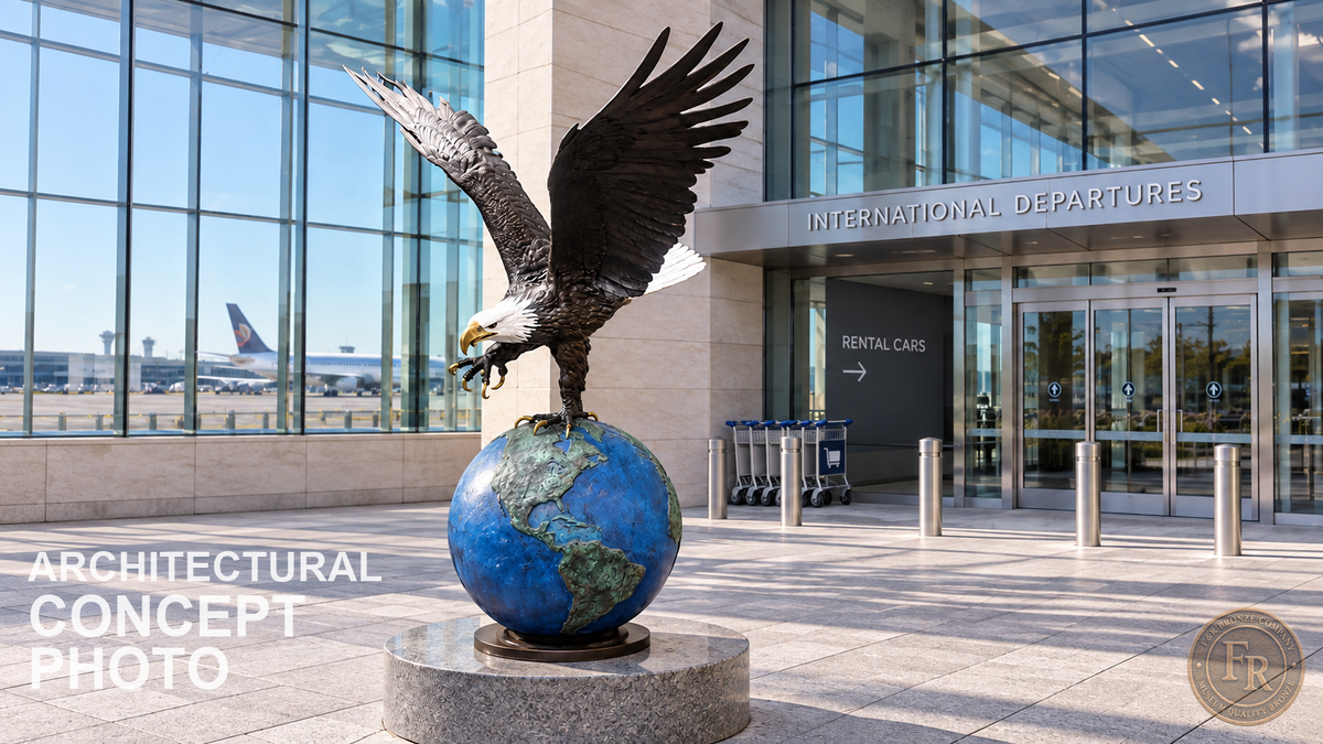 Architectural concept: Monumental Eagle on Globe bronze statue displayed outside an airport terminal.