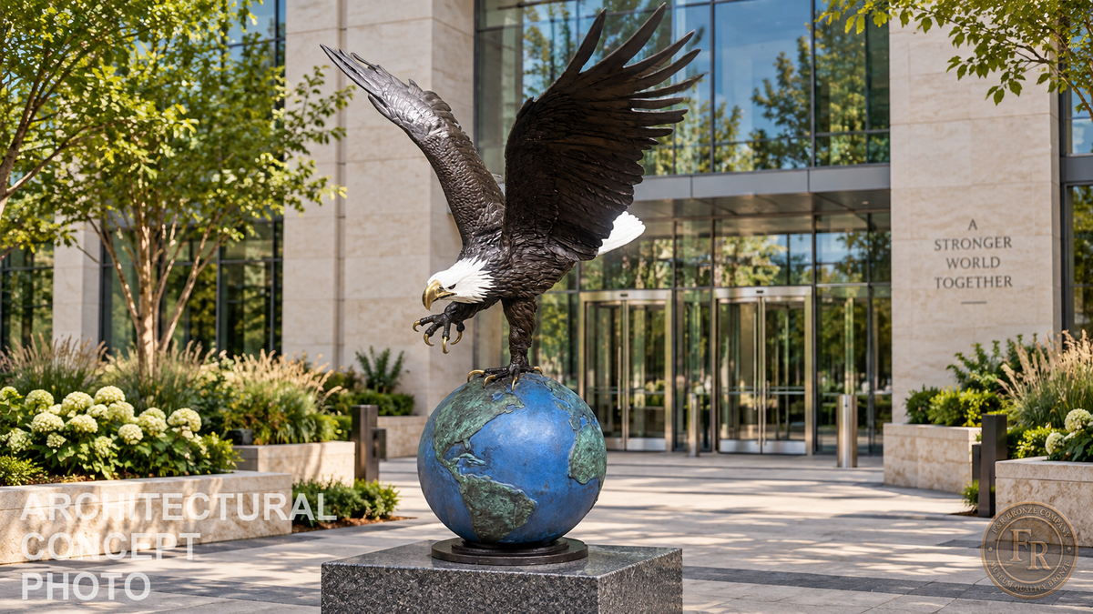 Architectural concept: eagle on globe bronze sculpture outside a glass corporate headquarters with a dedication pedestal.