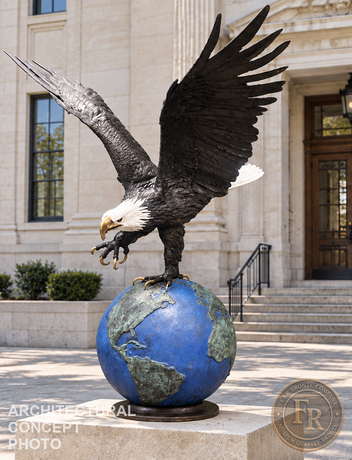 Architectural concept: portrait view of the Monumental Eagle on Globe bronze statue with extended talons outside a courthouse.
