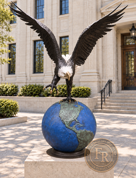 Architectural concept: front view of the Monumental Eagle on Globe bronze statue on a limestone pedestal in a courthouse courtyard.