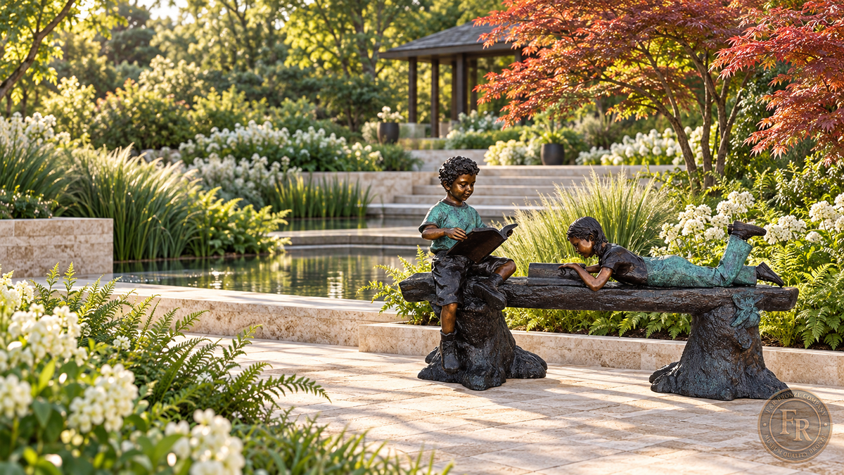 Full garden view of the Monumental Reading Time bronze sculpture, showing both children, books and the complete log bench beside a garden pond.