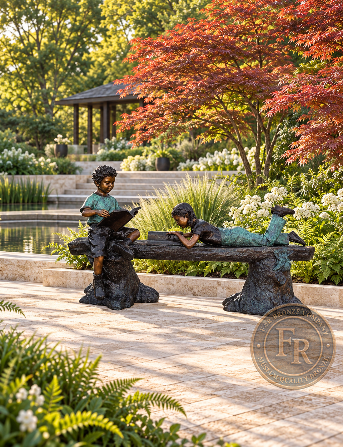 Portrait view of Monumental Reading Time, a bronze boy and girl reading on a log bench with both tree-stump supports visible in a terraced garden.