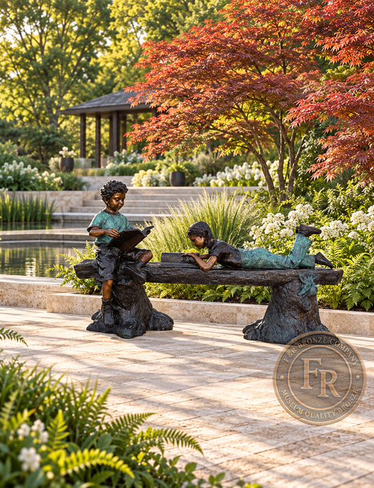Portrait view of Monumental Reading Time, a bronze boy and girl reading on a log bench with both tree-stump supports visible in a terraced garden.