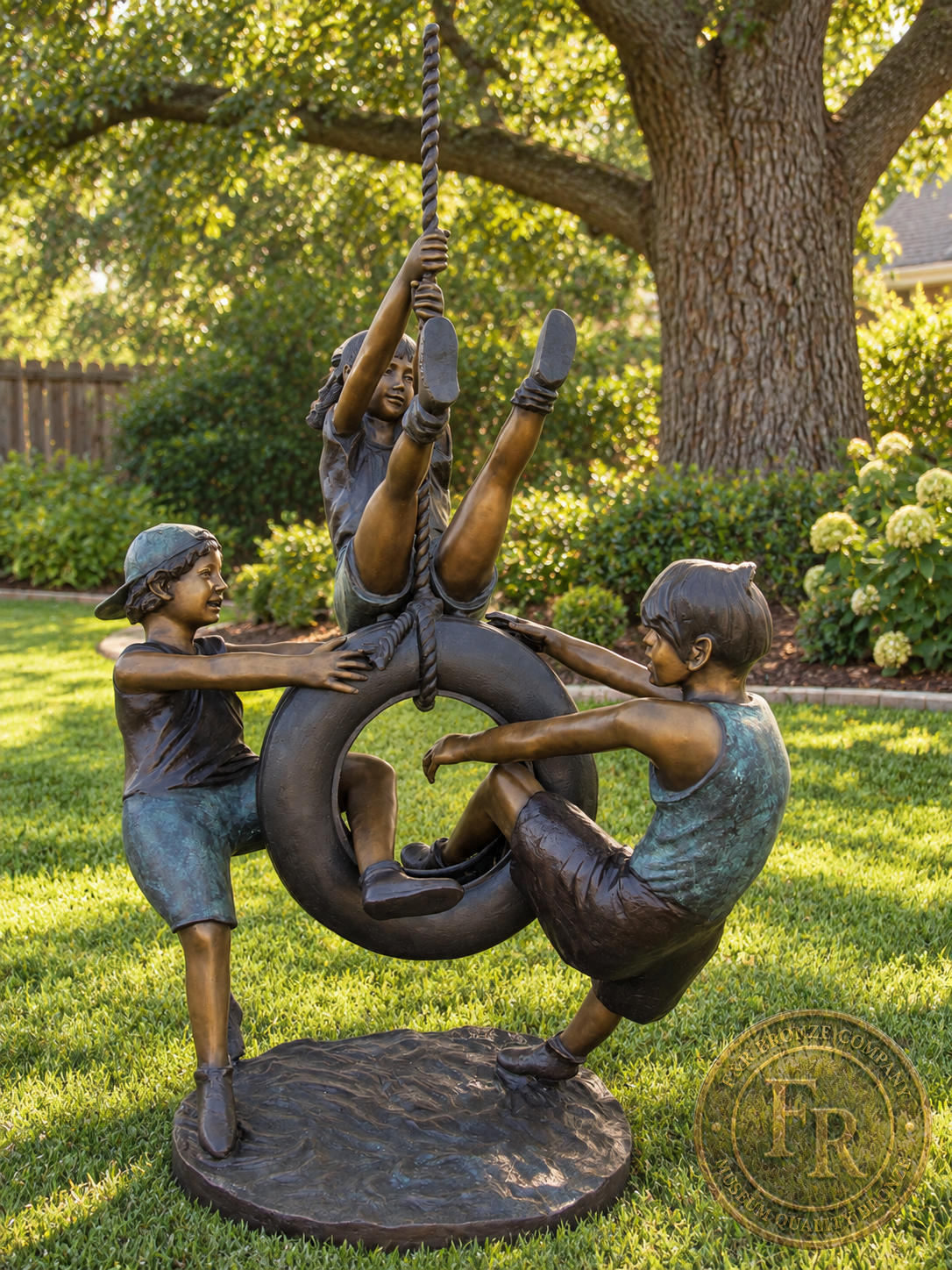 Three Kids Playing with Tire Swing bronze statue by Max Turner, full front view in an architectural concept of a residential garden.