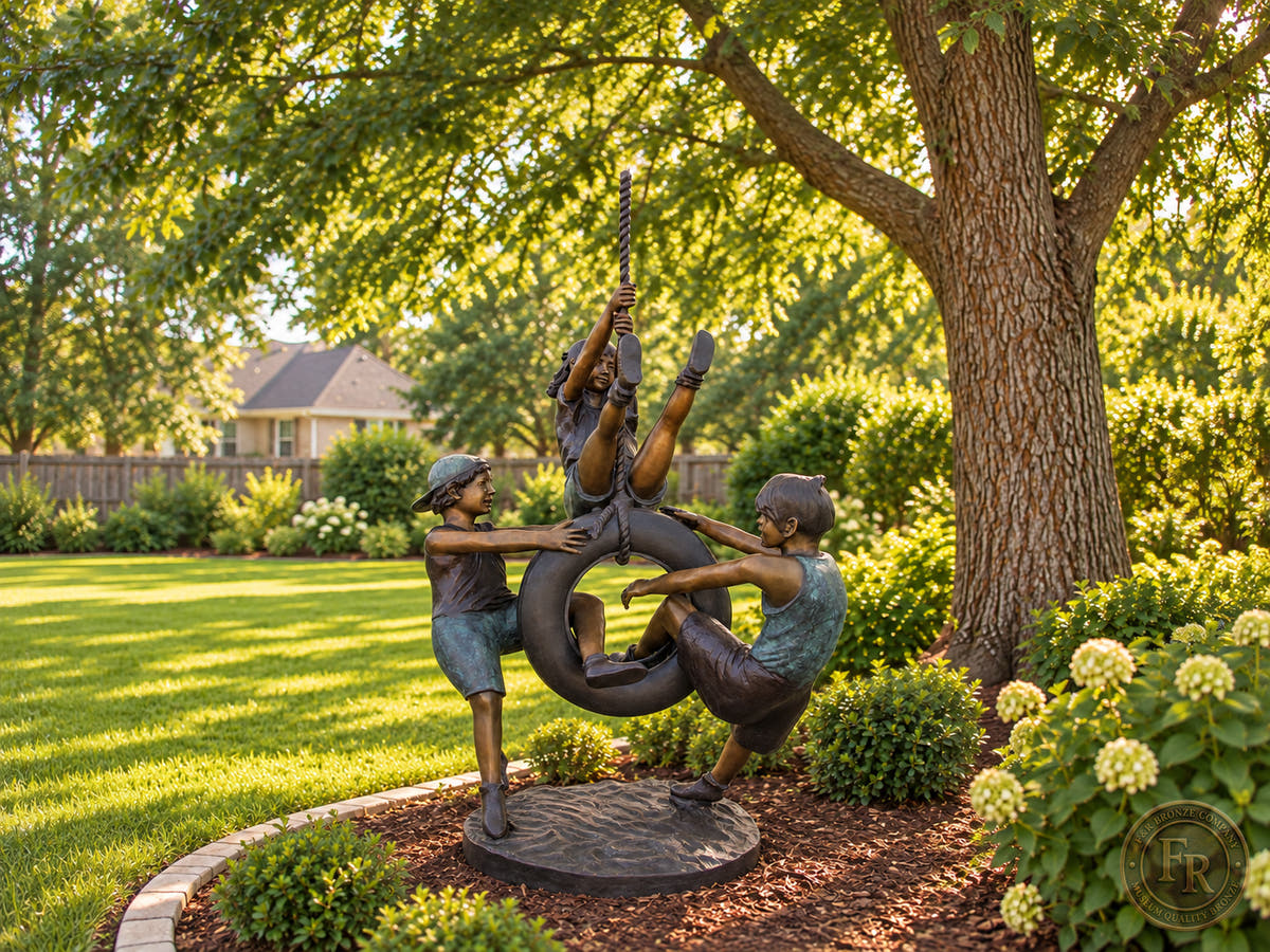 Wide architectural garden concept showing the 75-inch children on tire swing bronze statue beside a lawn and landscaped border.