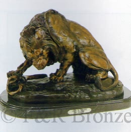 Lion with Snake bronze statue by Barye