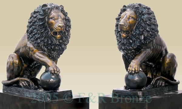 Seated Lions with Ball on Pedestal bronze statue-2