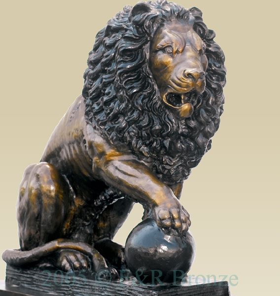 Seated Lions with Ball on Pedestal bronze statue-5