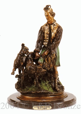 Scottish Hunter With Hounds bronze statue by P. Mene