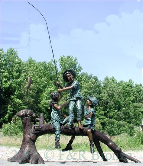 Three Kids Fishing Bronze statue-8