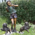 Girl with Two Dogs bronze sculpture