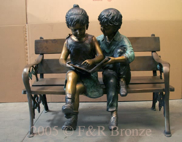Children on Bench Reading bronze-1