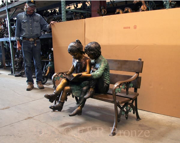 Children on Bench Reading bronze-4
