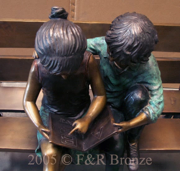 Children on Bench Reading bronze-7