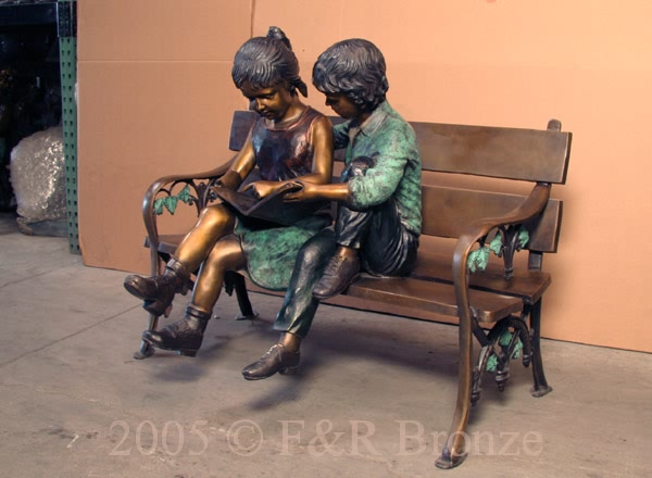 Children on Bench Reading bronze-9