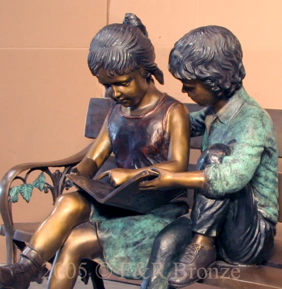 Children on Bench Reading bronze-11