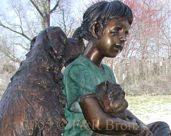 Girl With Dogs on Bench bronze statue-1