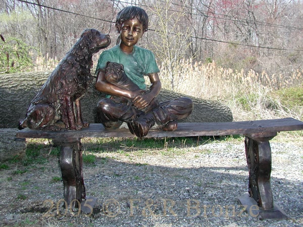 Girl With Dogs on Bench bronze statue-3