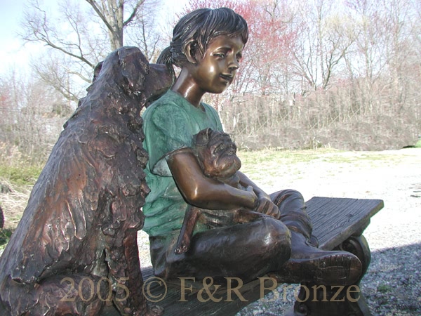 Girl With Dogs on Bench bronze statue-2