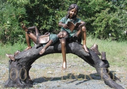 Boy & Girk Reading on Tree Branch bronze sculpture