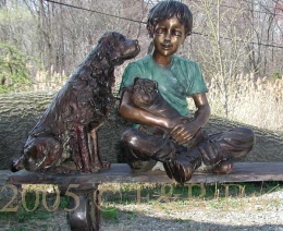 Girl with Dogs bench bronze statue
